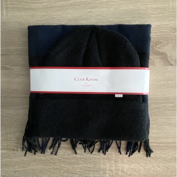 Club Room Men's Beanie & Scarf Combo Black & Blue One Size Fits Most NEW - Picture 1 of 4